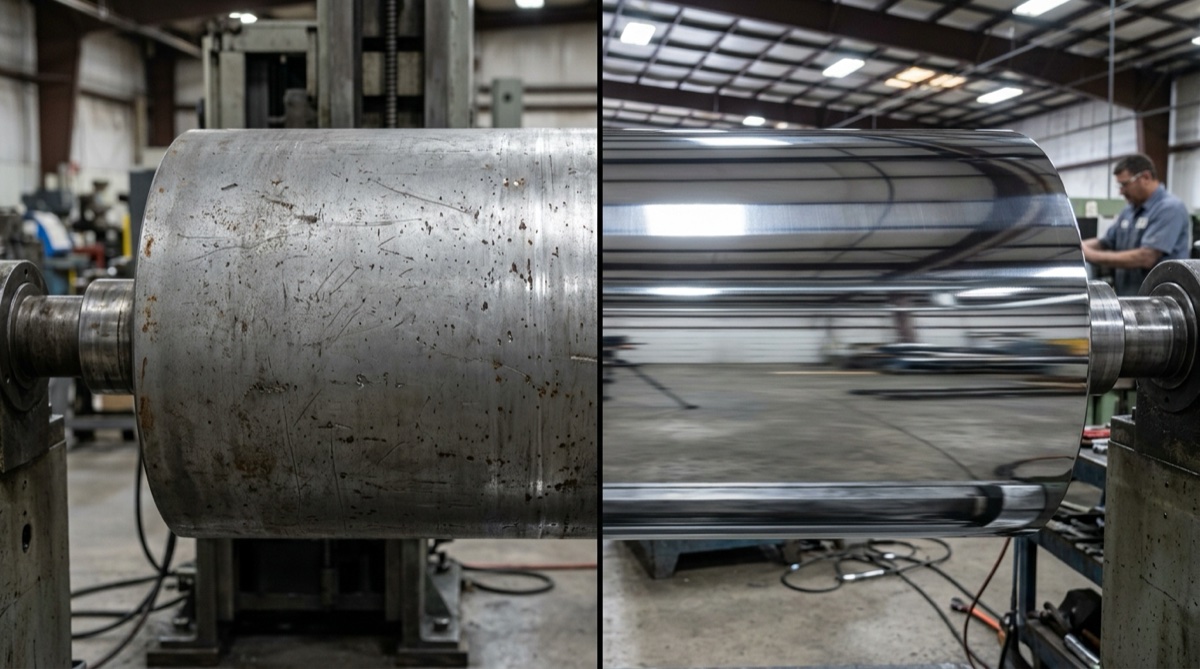 Calender Drum Roller - Before: Scored and Abraded vs After: Mirror Chrome Polish