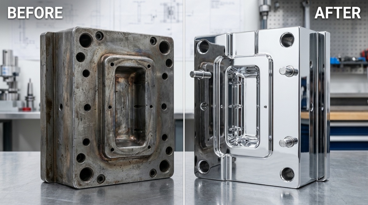 Tool and Die Mold Cavity - Before: Oxidized Insert vs After: 15 Micron Flash Chrome