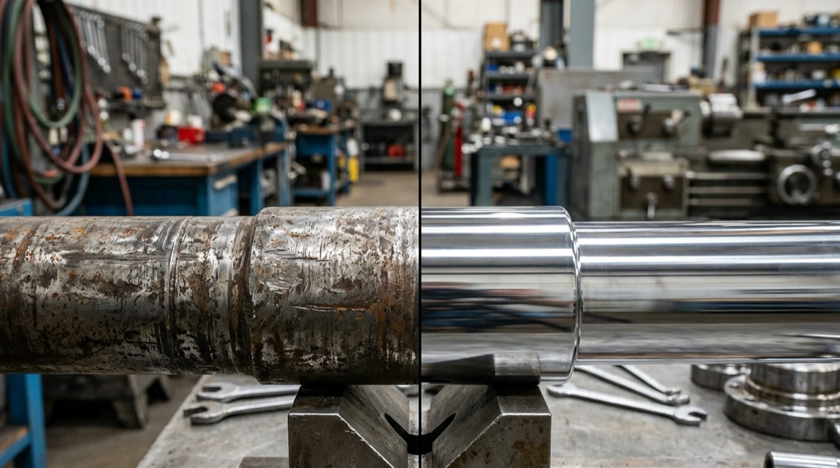 Shaft Salvage Re-Chroming - Before: Worn Pitted Steel vs After: Flawless Hard Chrome Ground Finish